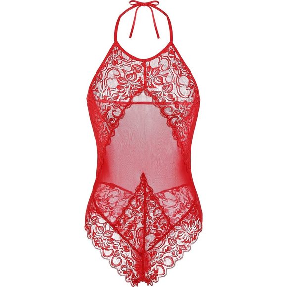 XSPICE Women Lace Bodysuit High Neck One Piece Halter Teddy Lingerie (S/M, Red) - Picture 3 of 8